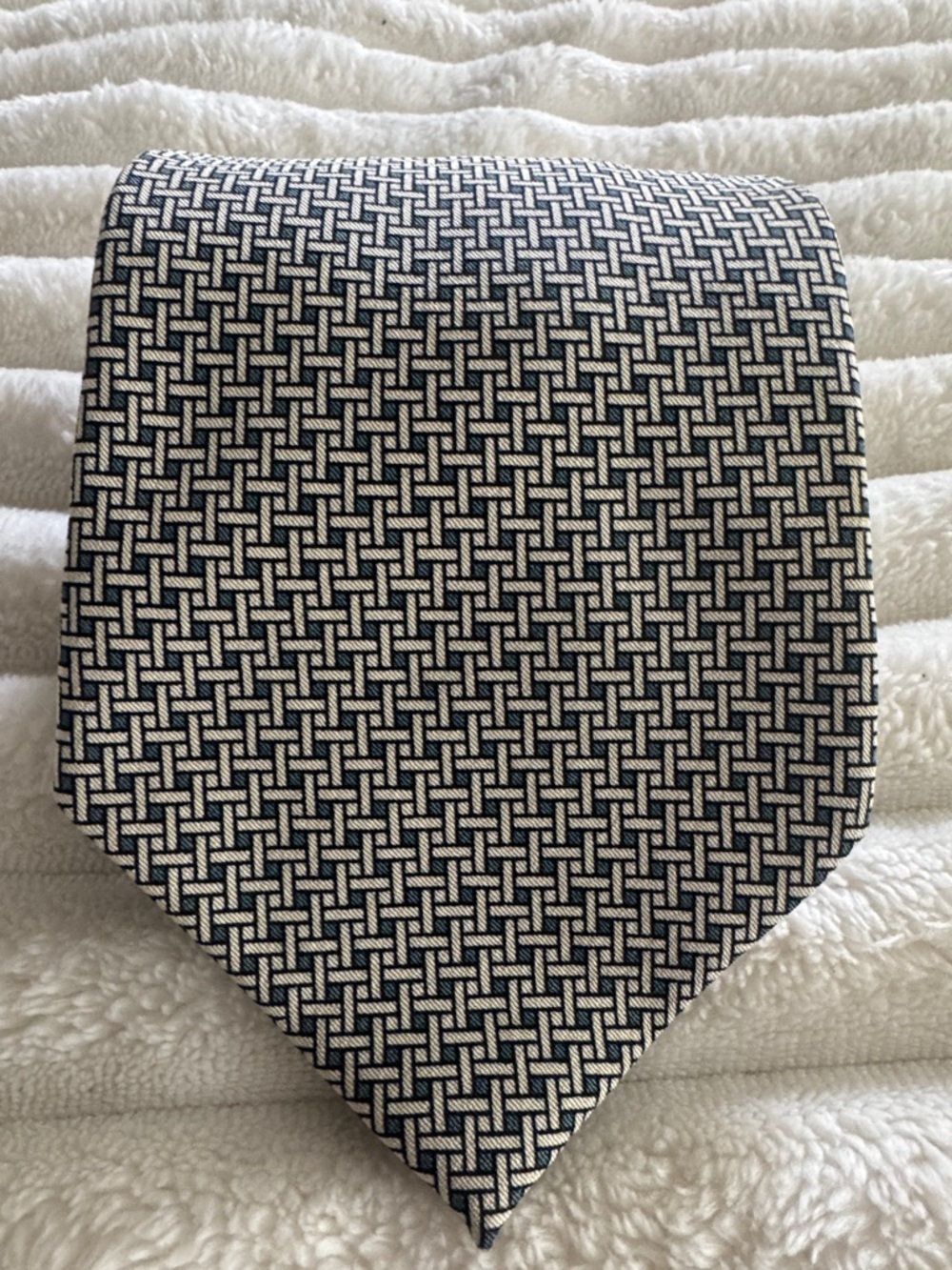 Barneys New York Beige and Navy Geometric Silk Tie